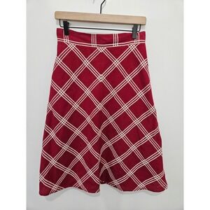 eShakti Red White Plaid A-Line Midi Skirt with Pockets Size 8 Medium Cotton